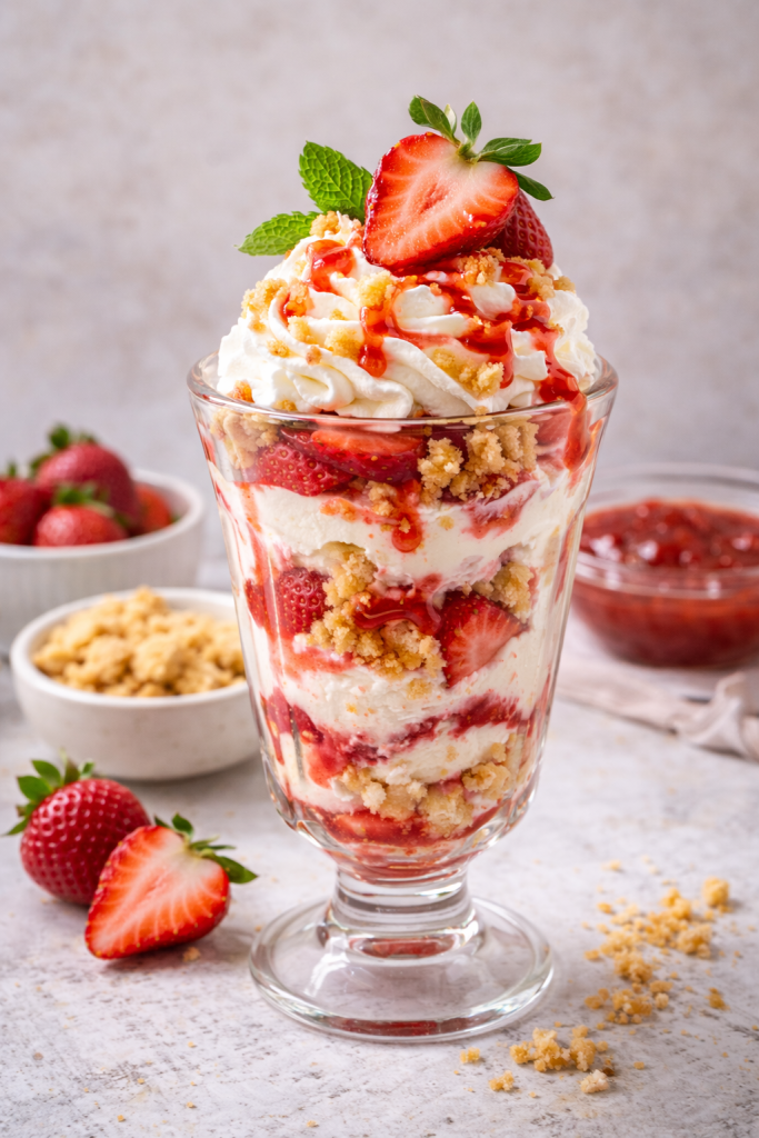 Strawberry shortcake sundae